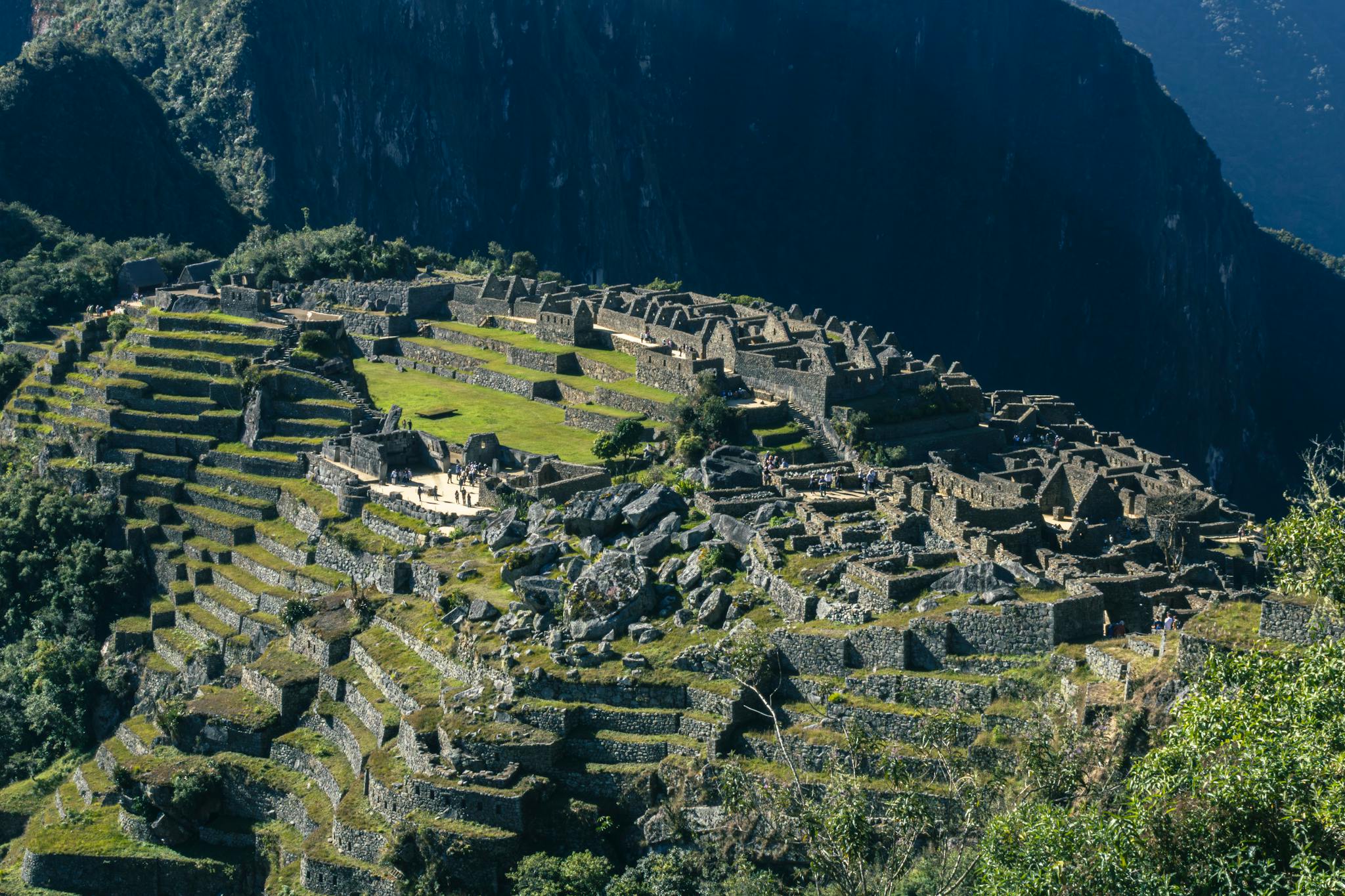 Stunning aerial view of Machu Picchu in Peru, showcasing the ancient Inca citadel's architecture.